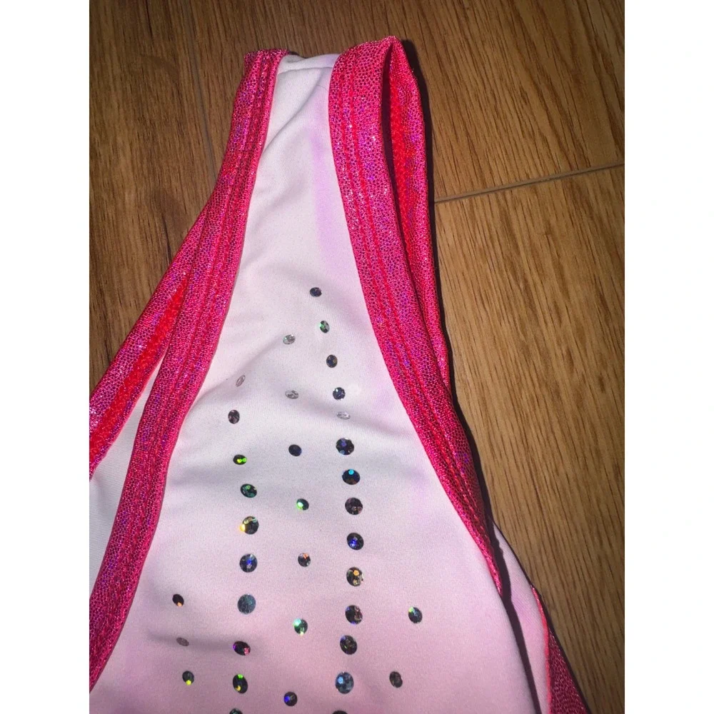 GK Elite Girls Gymnastics Leotard Pink White Ombre Rhinestone Sparkle Size CM